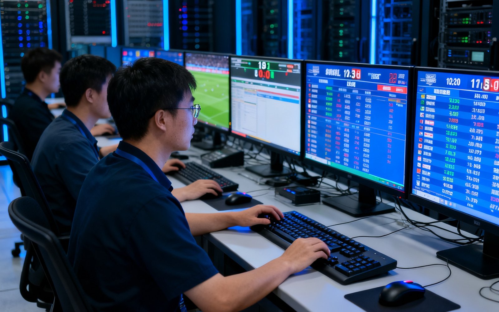 雷速比分网技术团队在现代化数据中心内监控全球比分数据同步系统的工作场景，多块屏幕展示实时赛事数据流