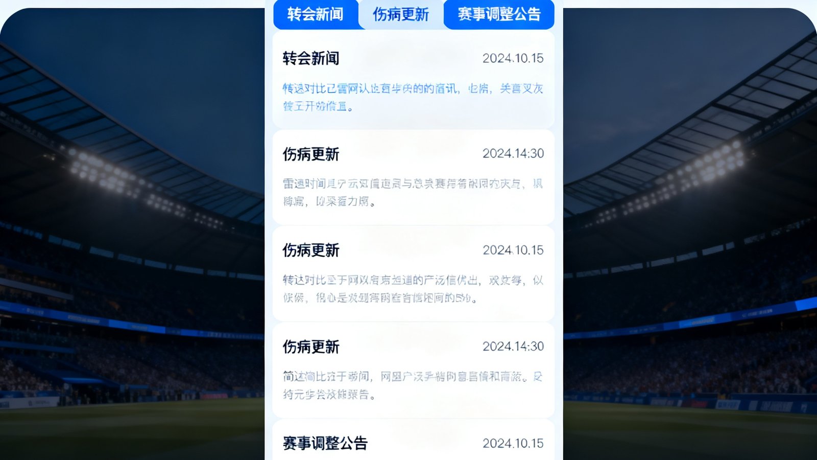 雷速比分网体育资讯聚合页面，展示最新的转会新闻、伤病更新和赛事调整公告的列表视图